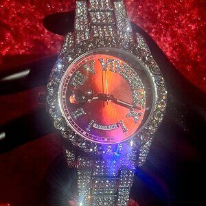 New Simulated diamond Men's Watch with Red face - White gold overlay